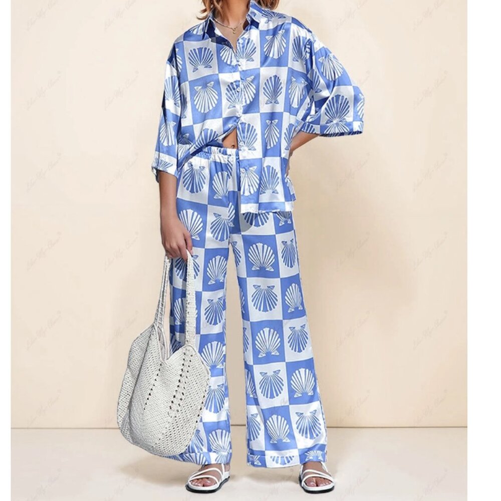 Satin Shell Print Wide Leg Set